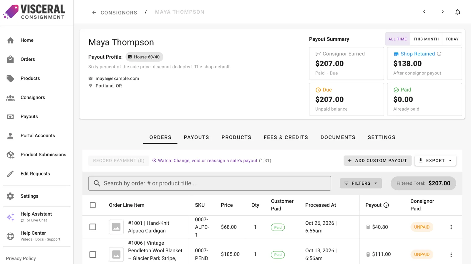 A consignor’s Orders tab with the payout for each sale