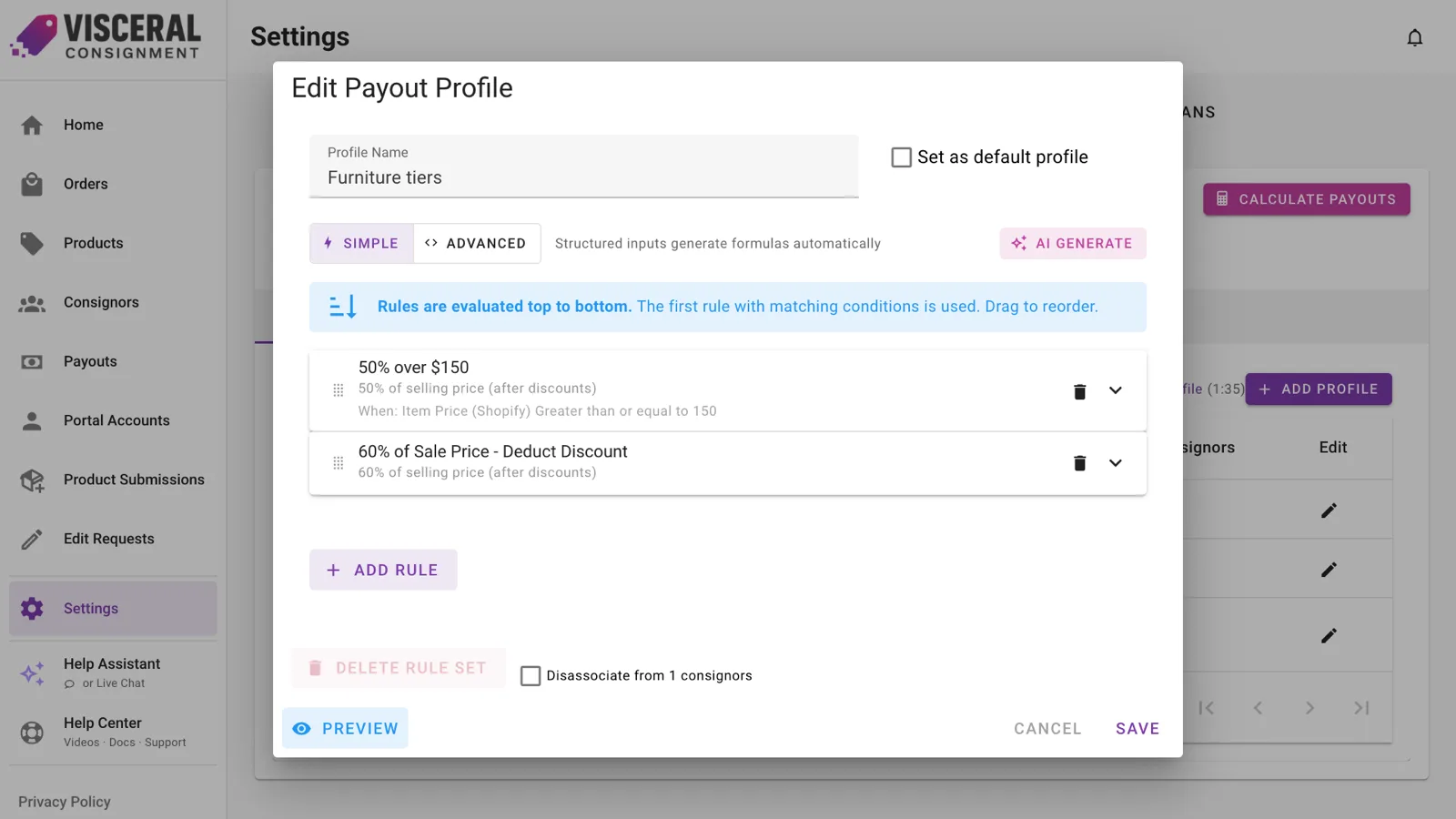 A payout profile with a 50% rule over $150 and a 60% default