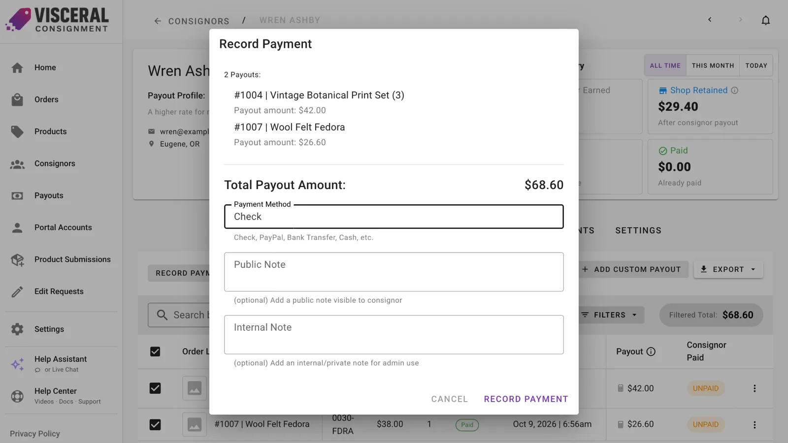 The Record Payment dialog with the total payout amount