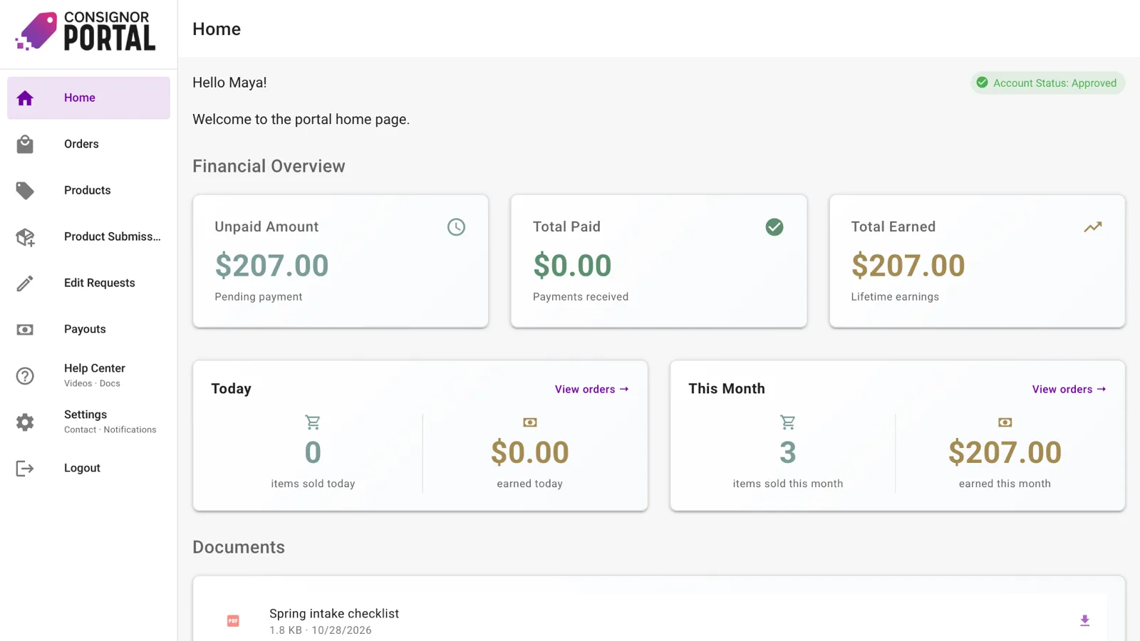 The consignor portal home page with earnings and recent sales